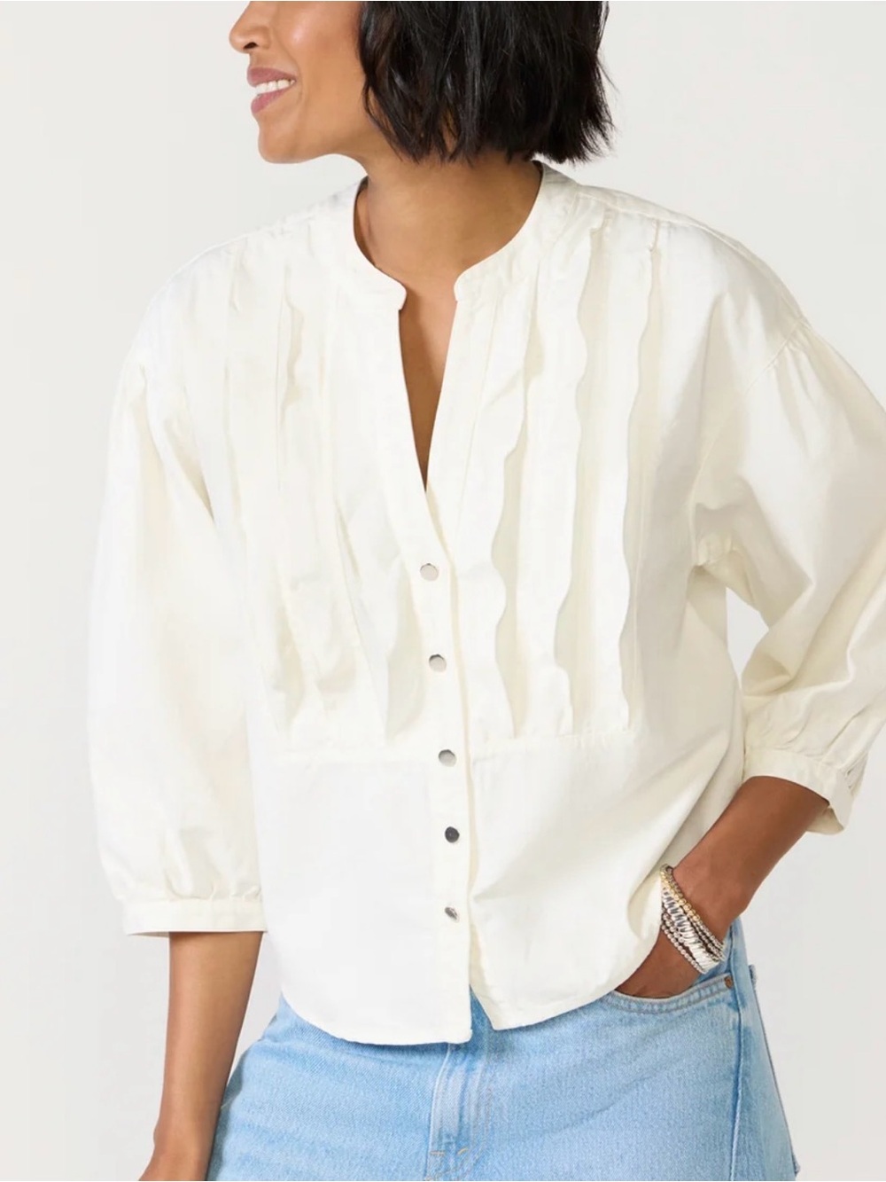 Natori Cream Button-Front Pintuck Blouse